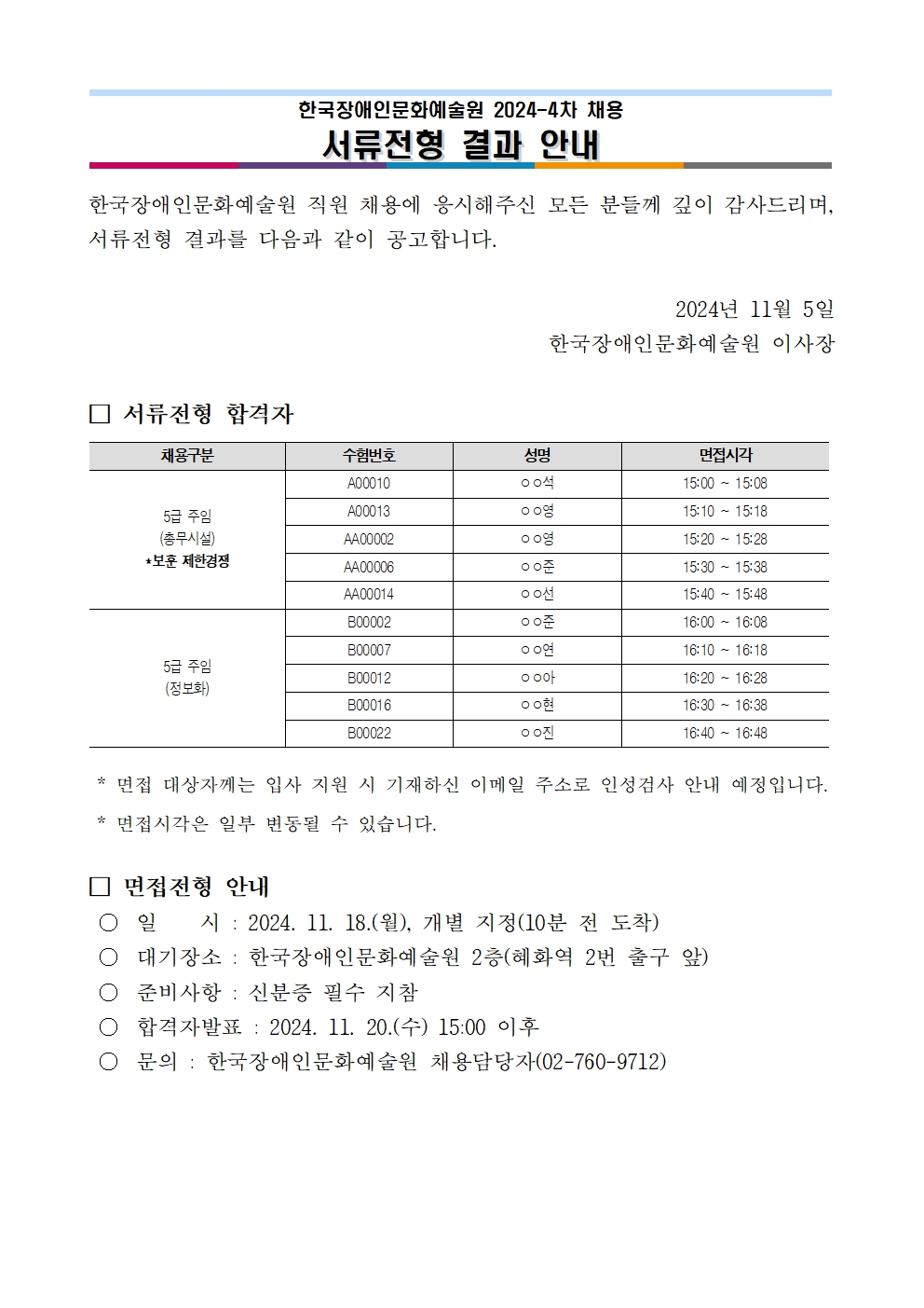 한국장애인문화예술원 2024-4차 채용 서류전형 결과 안내문입니다. 자세한 내용은 첨부된 '붙임. 2024년 4차 채용 서류전형 합격자 공고문.hwp' 문서와 동일합니다. 