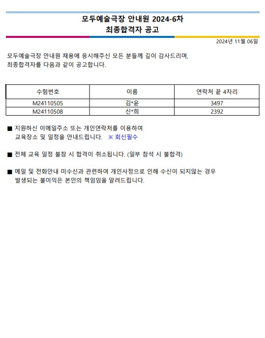 2024년 모두예술극장 안내원 최종합격자 공고 안내문입니다. 자세한 내용은 첨부된 '모두예술극장 안내원 2024-6차 모집 면접합격자 명단.pdf' 문서와 동일합니다. 