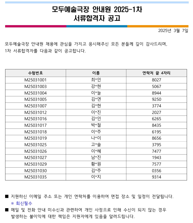 모두예술극장 안내원 서류합격자 공고 안내문입니다. 내용은 첨부된 '(붙임) 모두예술극장 안내원 2025-1차 모집 서류합격자 명단.pdf' 문서와 동일합니다. 