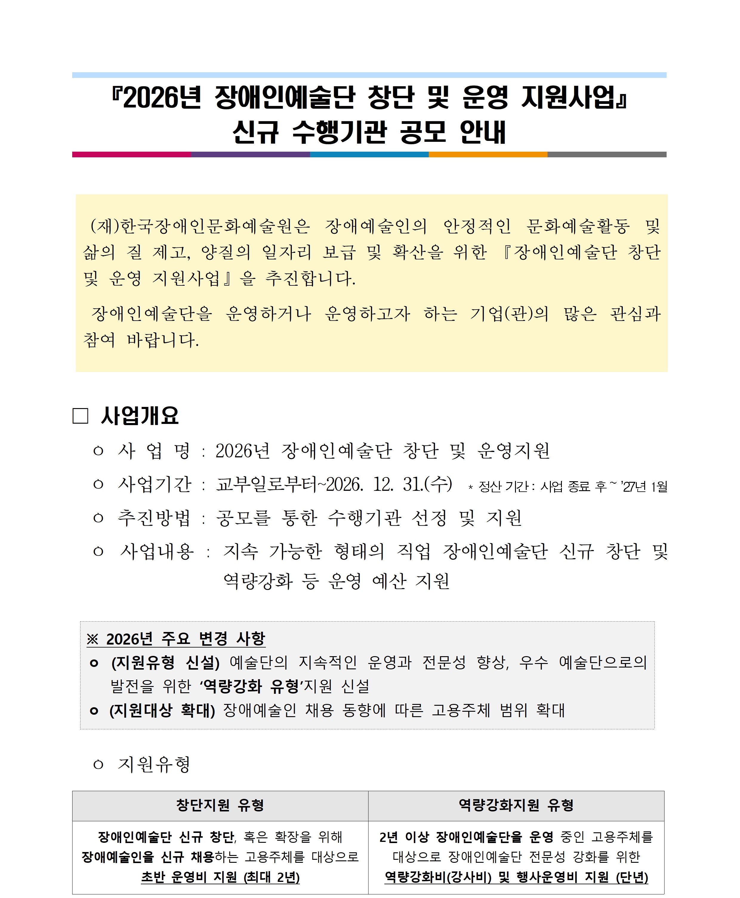 2026년 장애인예술단 창단 및 운영 지원사업 신규 수행기관 공모 안내 본 공고문의 이미지는 붙임1. 2026년 창단 및 운영 지원사업 공고문의 문서와 동일합니다. 보이스아이 프로그램을 사용하실 경우에는 붙임 1-2를 다운로드 받으시면 페이지별 코드를 읽으실 수 있습니다 